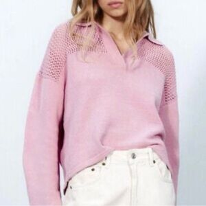 Zara Pink Collared Cropped V-Neck Sweater